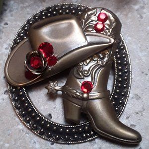 OOAK Western Antiqued Brass PIn Cowboy Boot and Hat Motif with Rhinestones